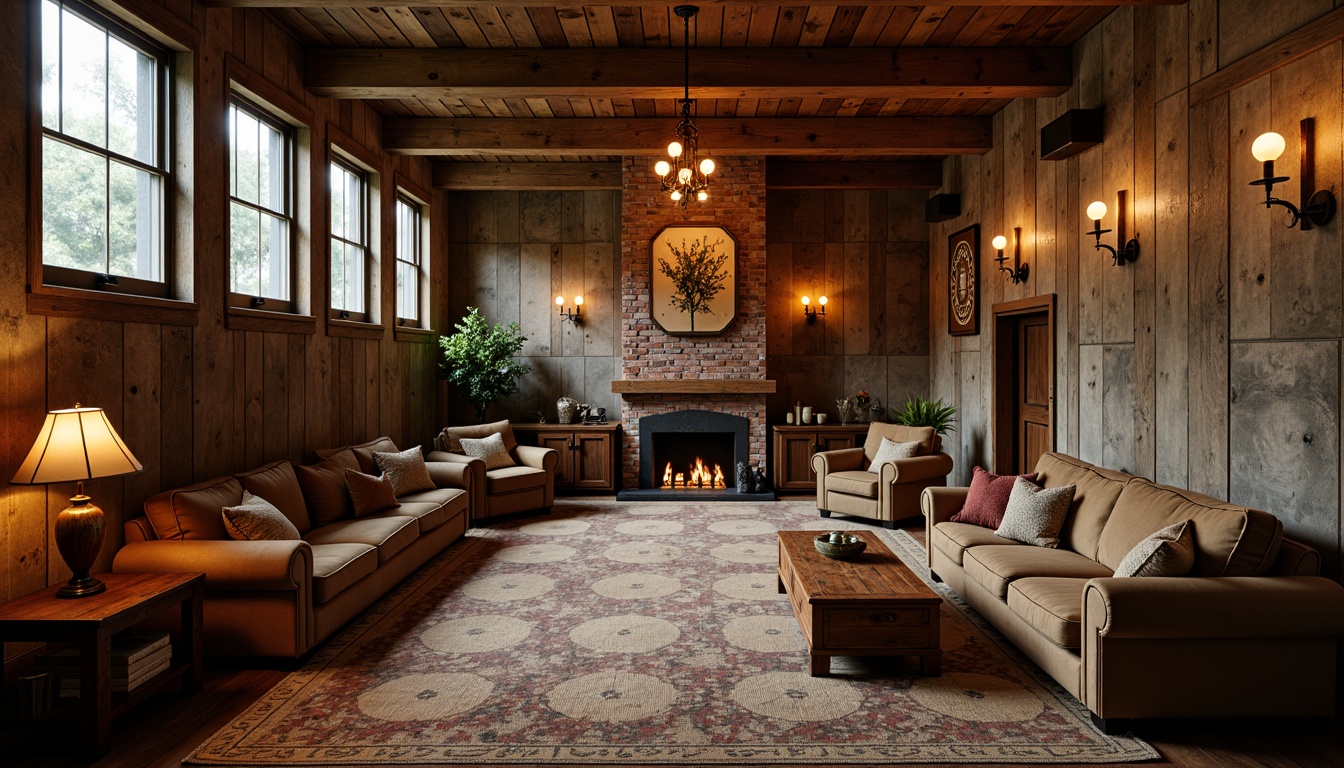 Prompt: Rustic farmhouse theater interior, reclaimed wood accents, distressed metal finishes, earthy tone color palette, woven textiles, natural fiber rugs, vintage lighting fixtures, industrial-style chandeliers, exposed brick walls, wooden beam ceilings, rustic wooden furniture, plush velvet upholstery, rich leather details, warm ambient lighting, soft focus camera lens, cinematic composition, dramatic shadows, warm color grading, realistic fabric textures, subtle atmospheric fog.