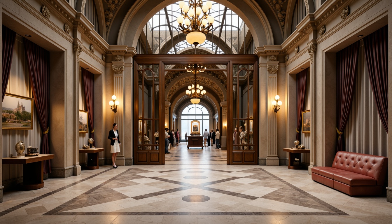 Prompt: Elegant museum facade, grand entrance gates, ornate bronze doors, high ceilings, marble flooring, traditional exhibit halls, wooden display cases, velvet drapes, classic chandeliers, intricate moldings, soft warm lighting, shallow depth of field, 1/1 composition, realistic textures, ambient occlusion, neutral color palette, sophisticated ambiance.