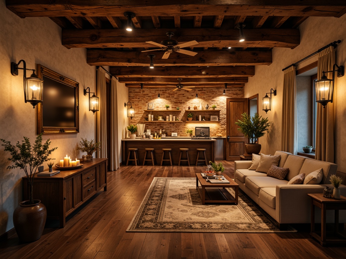 Prompt: Rustic farmhouse interior, vintage wooden beams, distressed brick walls, warm candlelight, soft golden glow, theatrical spotlights, dimmable LED lights, cozy nooks, plush velvet curtains, rich wood accents, antique metal lanterns, warm beige tones, creamy whites, earthy browns, intimate ambiance, dramatic shadows, 1/1 composition, high-contrast lighting, realistic textures, ambient occlusion.