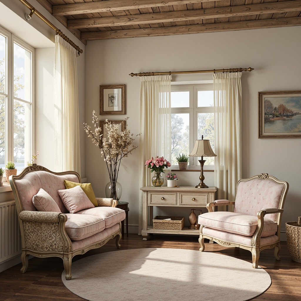 Prompt: Soft pastel hues, distressed finishes, vintage furniture, ornate decorations, lace curtains, floral patterns, gentle warm lighting, weathered wood accents, creamy whites, pale pinks, baby blues, muted yellows, rustic textures, natural fabrics, antique accessories, shabby-chic ornaments, romantic ambiance, whimsical touches, 1/1 composition, soft focus, warm color grading.