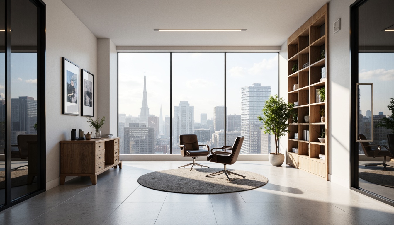 Prompt: Minimalist home office, sleek modern furniture, streamlined shapes, metallic accents, glass surfaces, monochromatic color scheme, floor-to-ceiling windows, natural light pouring in, urban cityscape view, 1/1 composition, shallow depth of field, softbox lighting, realistic wood textures, ambient occlusion, geometric patterns, Scandinavian-inspired design, ergonomic chair, wooden desk, built-in shelving, subtle textiles, tone-on-tone color palette.