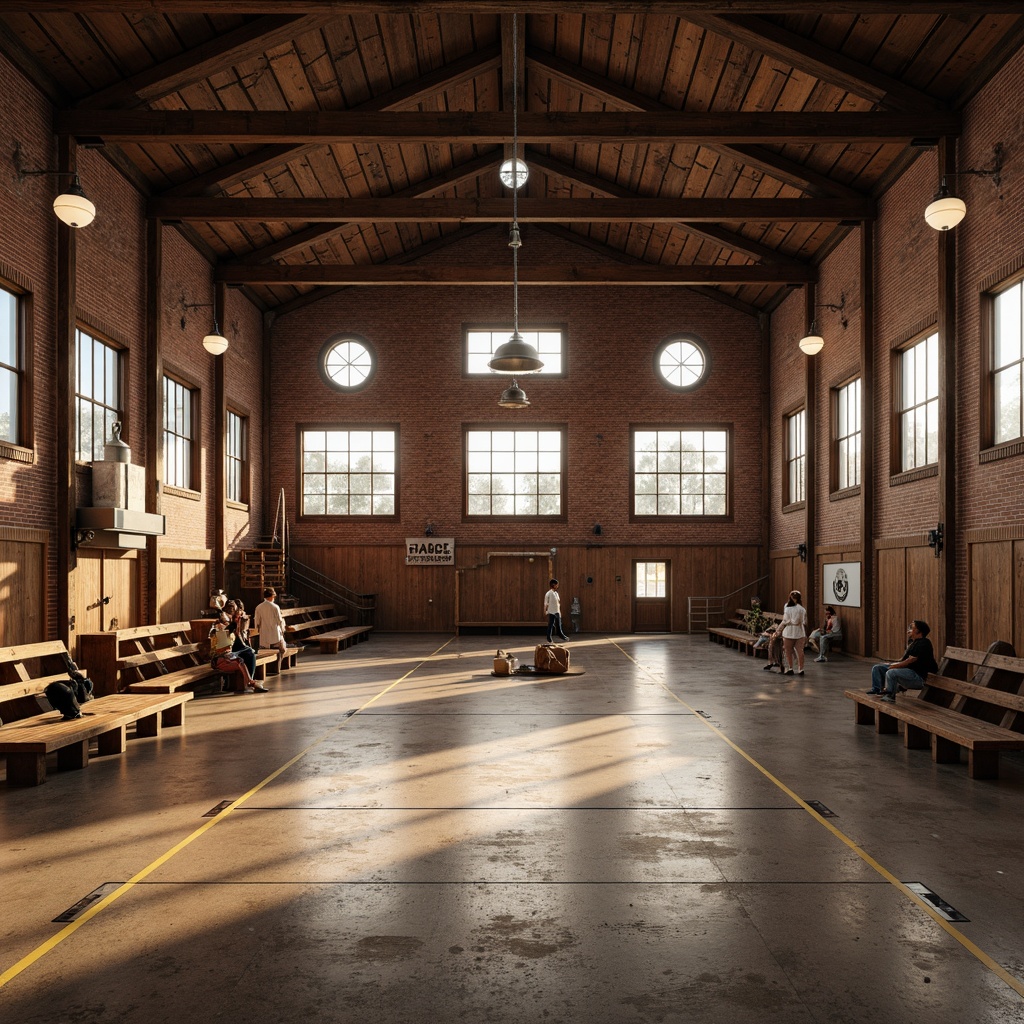 Prompt: Rustic gymnasium interior, distressed wood beams, exposed brick walls, industrial metal frames, vintage athletic equipment, wooden bleachers, natural stone flooring, earthy color palette, warm cozy lighting, pendant lanterns, metal Shades, dimmable spotlights, ambient occlusion, softbox illumination, 1/1 composition, realistic textures, dramatic shadows, morning light, atmospheric haze.