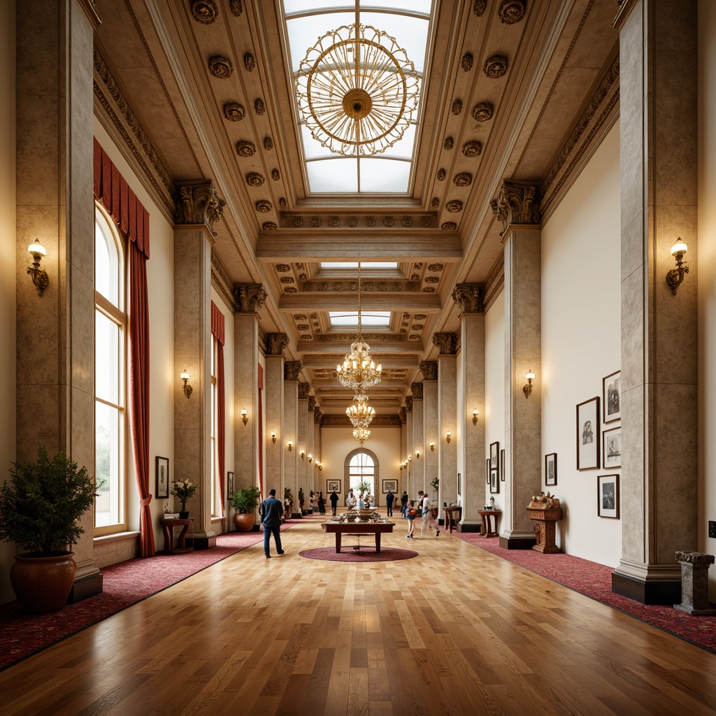 Prompt: Grand museum entrance, ornate stone columns, high ceilings, elegant chandeliers, rich wooden flooring, cream-colored walls, classic artwork displays, traditional exhibition cases, velvet ropes, intricate moldings, luxurious carpeting, symmetrical architecture, natural light pouring in, warm and inviting atmosphere, subtle lighting accents, 1/2 composition, shallow depth of field, realistic textures.