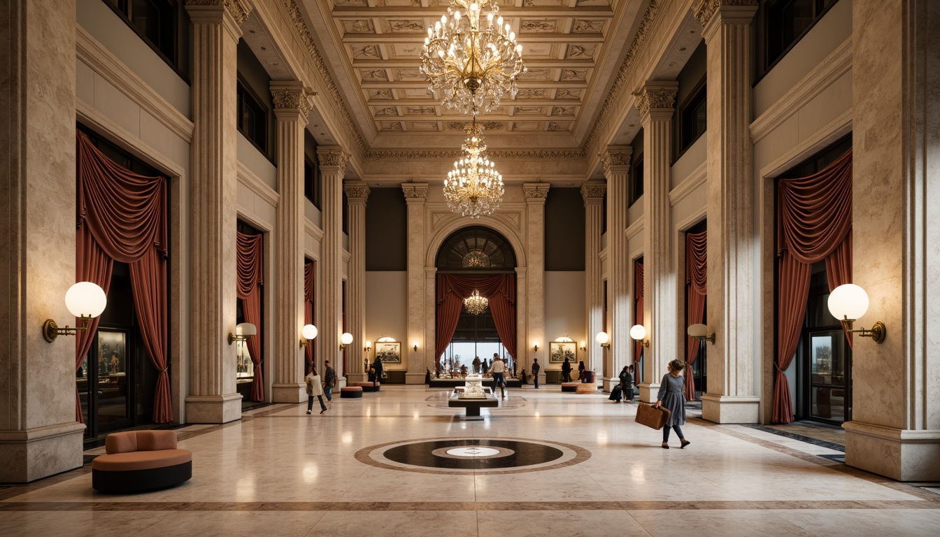 Prompt: Grand museum entrance, ornate stone fa\u00e7ade, high ceilings, marble floors, classic columns, intricate moldings, neutral color palette, soft warm lighting, elegant chandeliers, spacious open galleries, traditional exhibit display cases, rich wood tones, velvet drapes, ornamental metalwork, subtle ambient sounds, shallow depth of field, 1/1 composition, realistic textures, ambient occlusion.