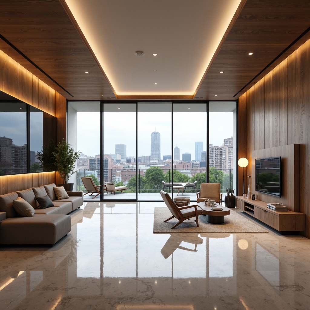 Prompt: Sleek modern interior, minimalist decor, polished marble floors, high-gloss wooden accents, curved lines, geometric patterns, chrome metal fixtures, hidden LED lighting, floor-to-ceiling windows, sliding glass doors, urban cityscape views, natural daylight, soft warm ambiance, shallow depth of field, 1/1 composition, symmetrical balance, realistic reflections, ambient occlusion, luxurious textiles, premium leather upholstery, subtle color palette.