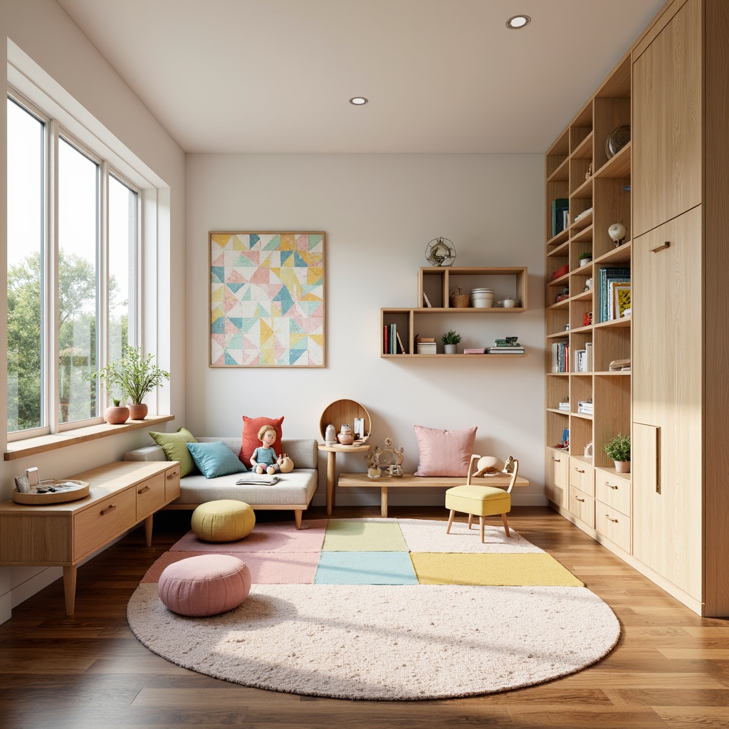 Prompt: Cozy kids' room, pastel color scheme, soft cushions, playful toys, built-in shelves, storage units, compact desks, ergonomic chairs, wall-mounted bookcases, fun patterned rugs, natural wood flooring, modern minimalist decor, large windows, warm sunlight, softbox lighting, shallow depth of field, 1/1 composition, panoramic view, realistic textures, ambient occlusion.