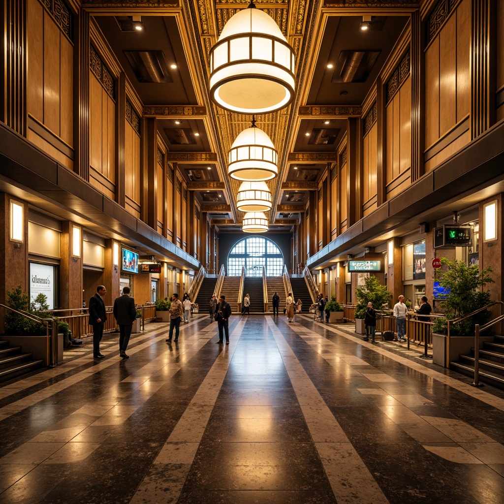 Prompt: Luxurious Art Deco bus station, ornate metallic details, geometric patterns, lavish chandeliers, warm golden lighting, rich marble floors, grand staircases, sleek chrome handrails, vintage-inspired signage, bustling urban atmosphere, morning rush hour, softbox lighting, dramatic spotlights, 1/2 composition, symmetrical framing, realistic reflections, ambient occlusion.