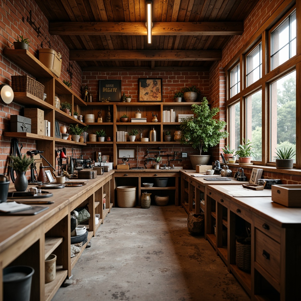 Prompt: Rustic craft room, wooden workbenches, vintage tools, ornate storage cabinets, distressed wood finishes, soft warm lighting, classic traditional architecture, brick red walls, natural stone floors, wooden shelving units, woven baskets, potted plants, earthy color palette, cozy atmosphere, shallow depth of field, 1/1 composition, realistic textures, ambient occlusion.