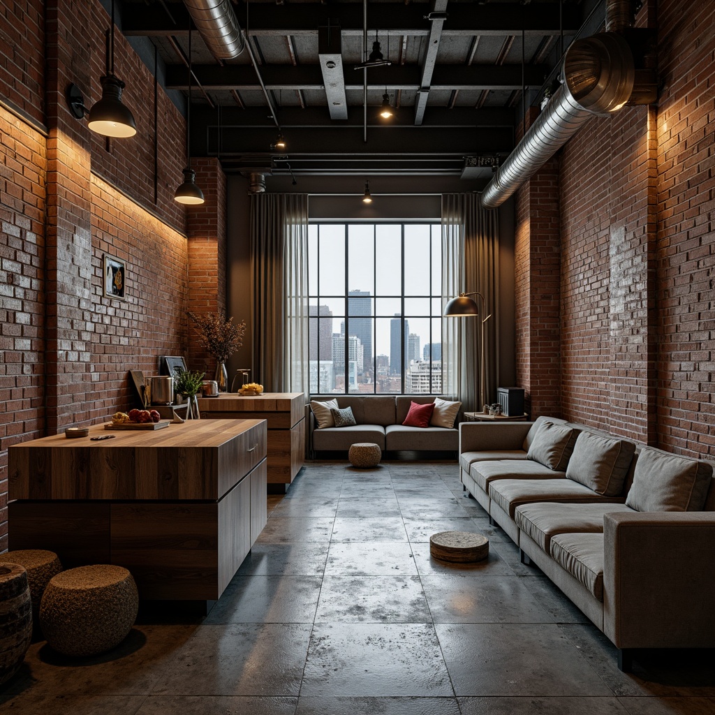 Prompt: Exposed brick walls, metal beams, industrial pipes, reclaimed wood accents, sleek metallic fixtures, urban cityscape views, moody atmospheric lighting, neutral background tones, bold accent colors, earthy undertones, distressed textures, raw concrete floors, edgy modern architecture, functional minimalism, monochromatic color schemes, high-contrast shading, cinematic ambiance, dramatic spotlighting.