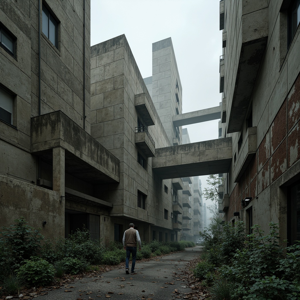 Prompt: Industrial brutalist architecture, rugged concrete textures, bold geometric shapes, monolithic forms, raw unfinished surfaces, cold grey tones, weathered steel accents, muted earthy colors, urban decay, abandoned factories, crumbling walls, overgrown vegetation, dramatic lighting, high contrast shadows, atmospheric mist, cinematic composition, low-angle shot, gritty realistic render.