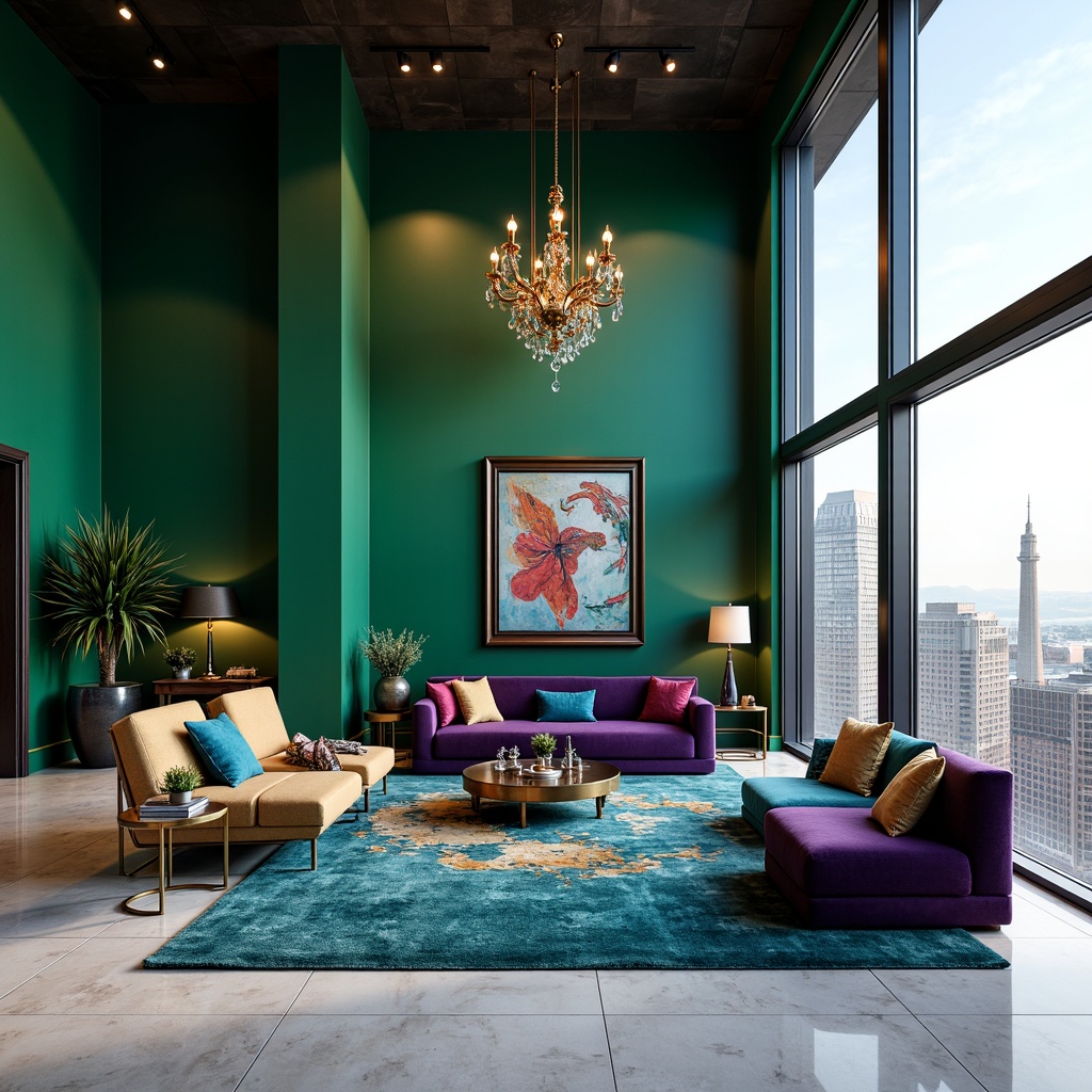 Prompt: Luxurious penthouse, Expressionism style, bold color palette, rich jewel tones, emerald green walls, sapphire blue accents, amethyst purple furnishings, metallic gold details, sleek marble floors, high ceilings, floor-to-ceiling windows, panoramic city views, abstract artwork, eclectic decorative pieces, plush area rugs, statement lighting fixtures, dramatic shadows, 1-point perspective, cinematic composition, high-contrast lighting, vibrant color grading.