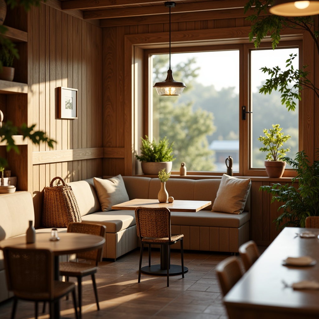 Prompt: Cozy breakfast nook, warm wooden tones, soft morning light, comfortable cushioned benches, rustic wooden tables, vintage metal chairs, delicate ceramic vases, lush greenery, natural woven baskets, earthy terracotta pots, warm beige walls, creamy white countertops, elegant pendant lamps, subtle ambient glow, shallow depth of field, 1/2 composition, intimate atmosphere, realistic textures.