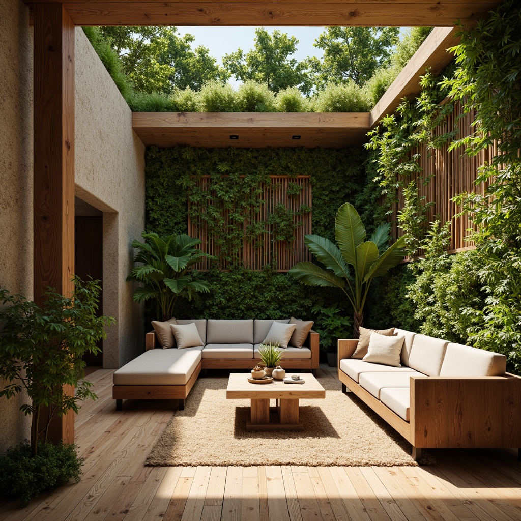 Prompt: Earthy tone, natural materials, reclaimed wood, bamboo flooring, living walls, green roofs, eco-friendly textiles, organic fabrics, woven fibers, sustainable furniture, minimal waste design, recycling symbols, earthy color palette, soft diffused lighting, 1/1 composition, intimate atmosphere, realistic textures, ambient occlusion.