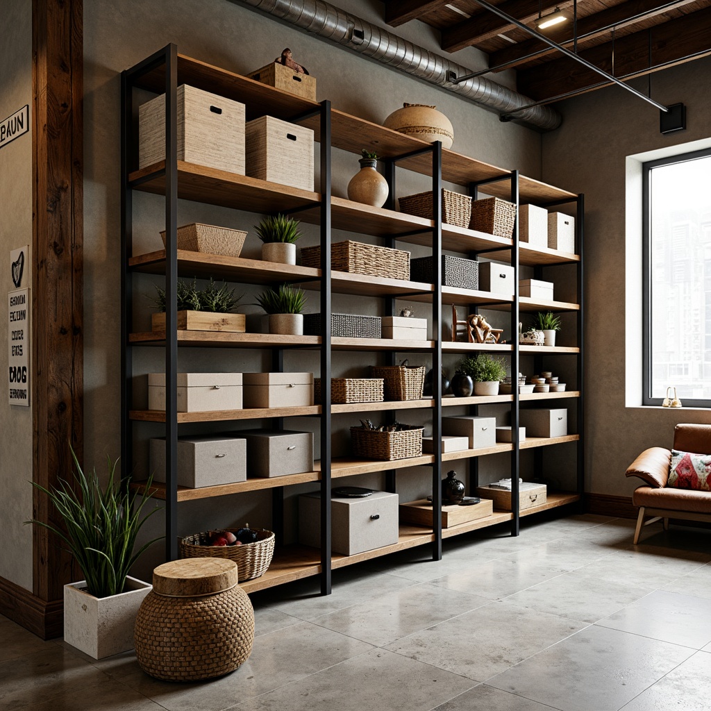 Prompt: Modern storage room shelving, sleek metal frames, minimalist design, industrial chic aesthetic, reclaimed wood accents, rustic texture, soft warm lighting, shallow depth of field, 3/4 composition, panoramic view, realistic textures, ambient occlusion, ample storage space, adjustable shelves, baskets and bins, decorative containers, vibrant color schemes, bold typography, geometric patterns, urban loft-inspired decor, functional design elements.