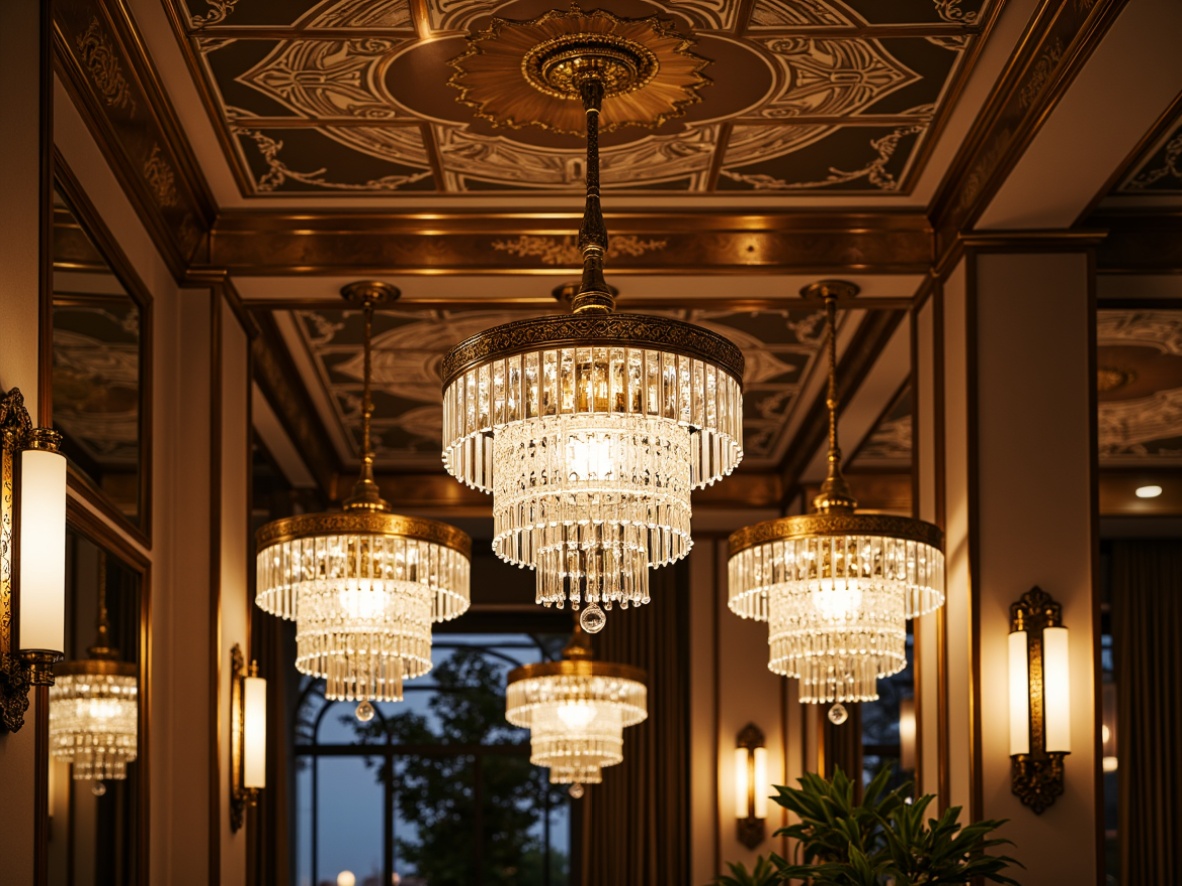 Prompt: Opulent chandeliers, crystal droplets, polished brass accents, ornate metalwork, luxurious ceiling fixtures, geometric patterns, lavish sconces, velvet-textured shades, art deco motifs, elegant filigree details, sophisticated lighting controls, warm golden glow, soft diffused illumination, 1/1 composition, symmetrical framing, realistic metallic reflections.