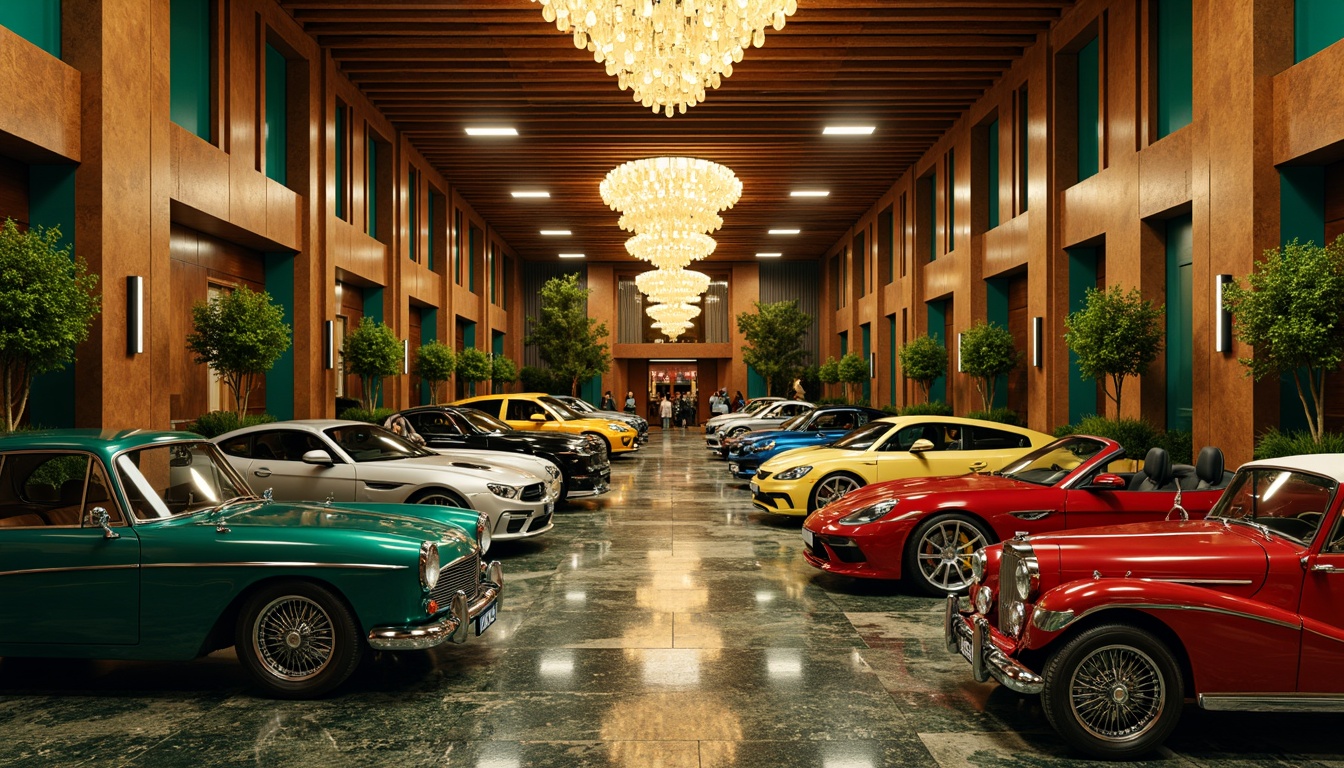 Prompt: Luxurious Art Deco garage, bold geometric patterns, metallic accents, rich jewel-toned colors, emerald green, navy blue, ruby red, golden yellow, sleek chrome fixtures, ornate details, glamorous vintage cars, polished marble floors, lavish chandeliers, dramatic lighting, cinematic composition, shallow depth of field, high-contrast imagery, intricate textures, ambient occlusion.