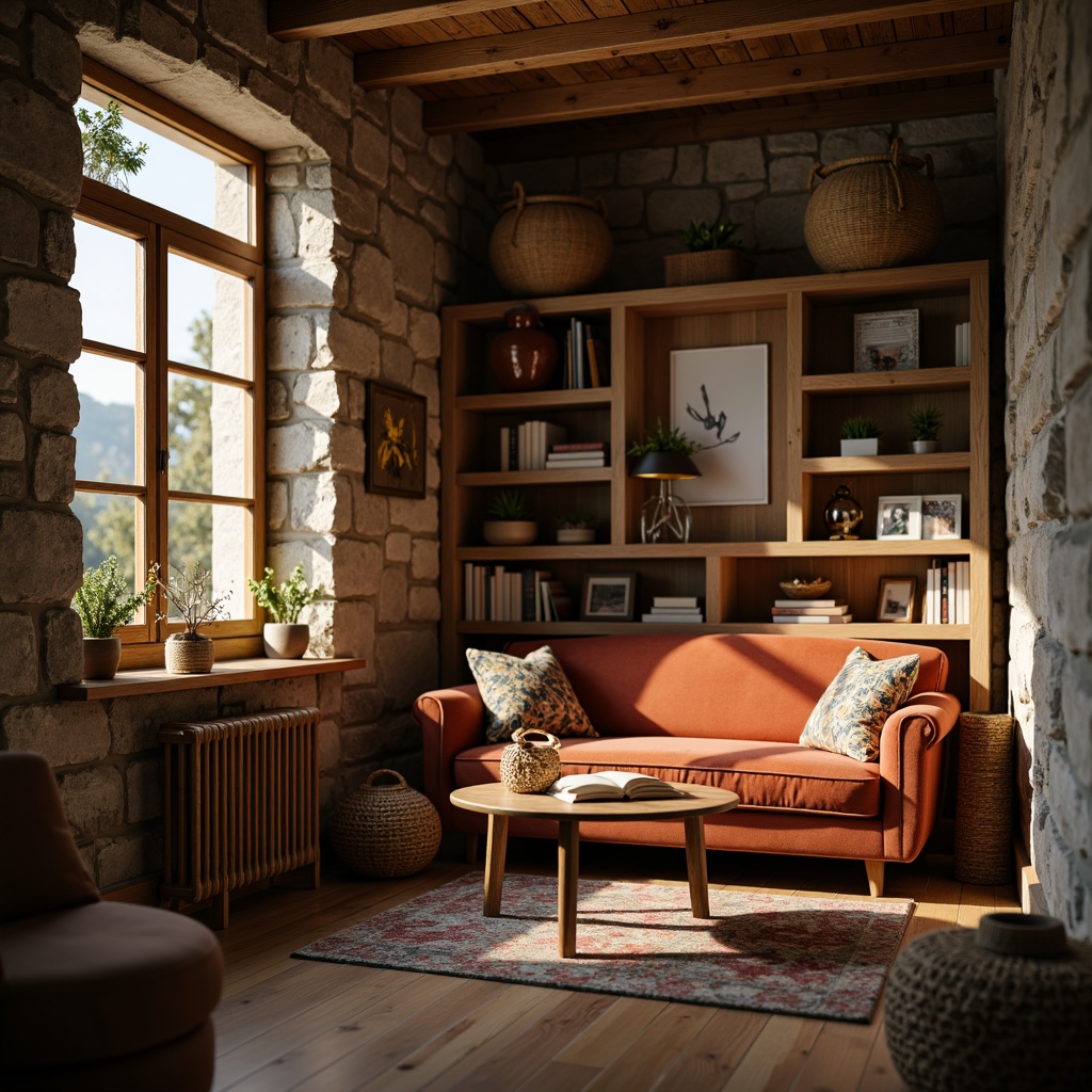 Prompt: Cozy reading nook, comfortable velvet sofa, soft warm lighting, wooden bookshelves, vintage metal lamps, rustic stone walls, woven rattan baskets, plush throw pillows, earthy tone color scheme, intimate corner space, calm atmosphere, natural textures, shallow depth of field, 1/2 composition, soft focus effect, morning sunlight.