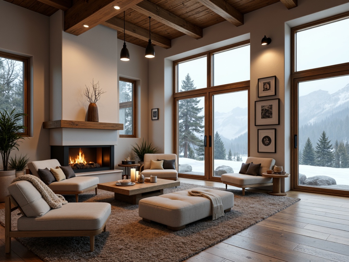 Prompt: Cozy Scandinavian villa, wooden accents, minimalist decor, large windows, natural light, warm candlelight, soft pendant lamps, industrial-style metal fixtures, rustic wooden beams, stone fireplace, plush area rugs, creamy white walls, Nordic-inspired furniture, lush greenery, snow-capped mountains, serene winter landscape, misty morning atmosphere, shallow depth of field, 1/1 composition, warm color palette, realistic textures.