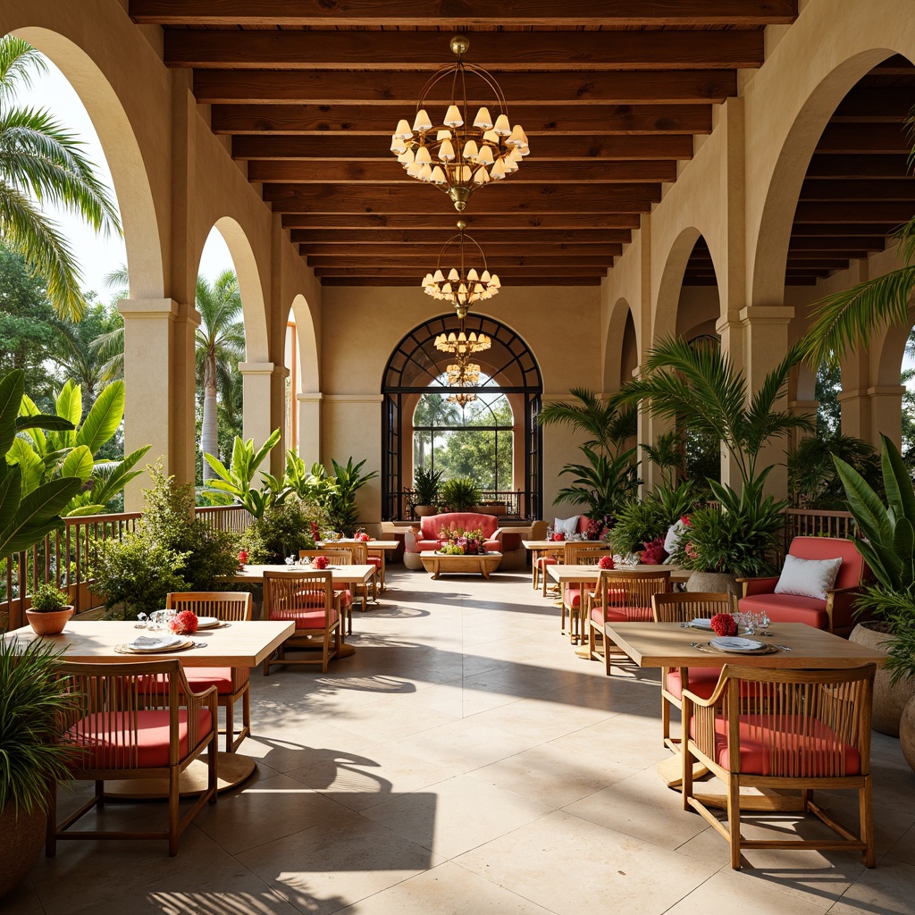 Prompt: Vibrant tropical dining hall, warm wooden accents, natural rattan furniture, lush greenery, exotic flowers, bright coral colors, sunny yellow hues, turquoise blue tones, creamy white marble, polished brass fixtures, elegant chandeliers, soft warm lighting, shallow depth of field, 3/4 composition, realistic textures, ambient occlusion.