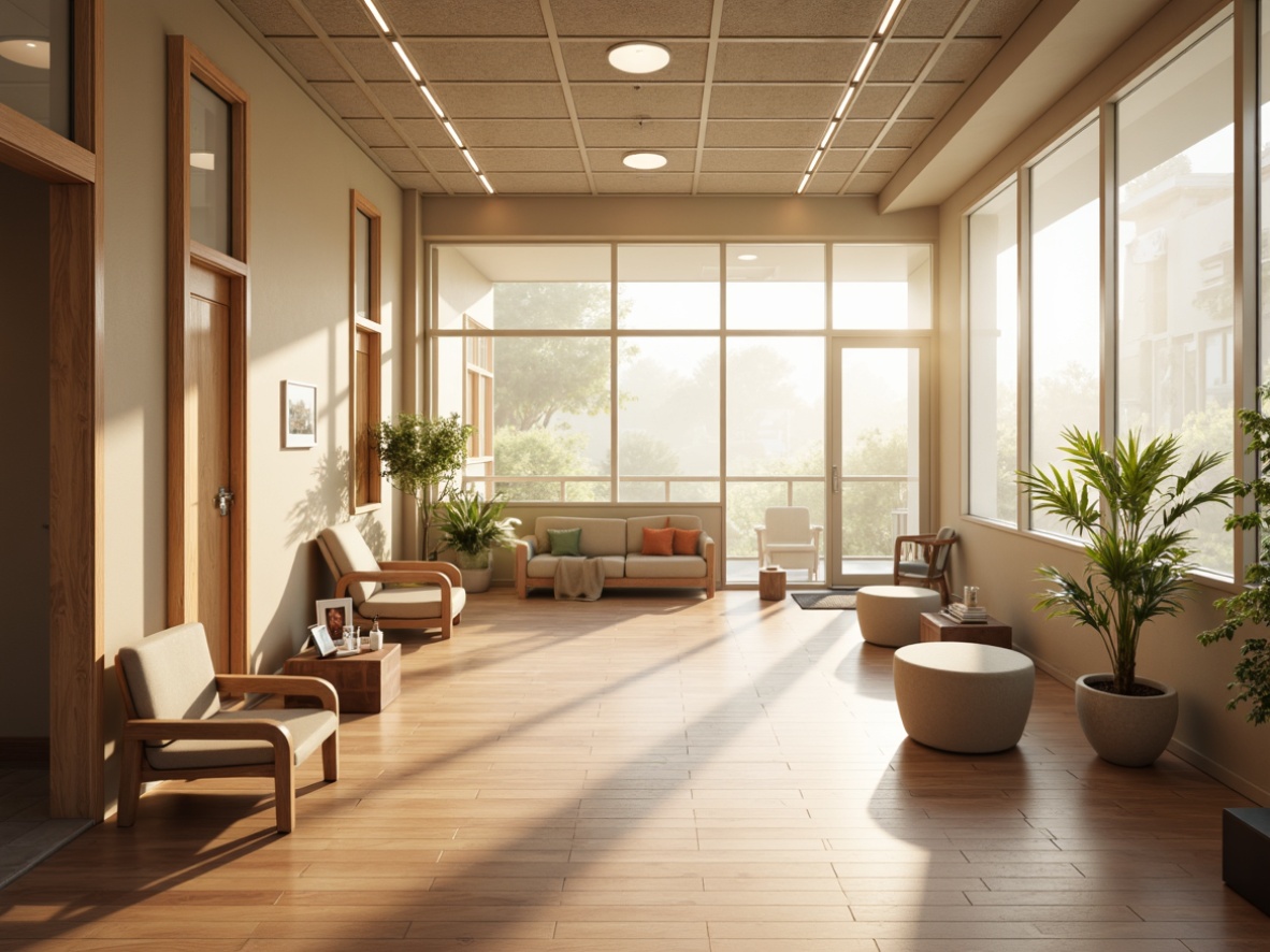 Prompt: Calming clinic interior, soft natural light, warm beige walls, polished wood flooring, acoustic ceiling tiles, minimalist metal frames, comfortable waiting area furniture, soothing greenery, subtle medical equipment integration, quiet color scheme, non-reflective surfaces, easy-to-clean materials, ergonomic design elements, accessible layout, warm LED lighting, shallow depth of field, 1/1 composition, realistic textures, ambient occlusion.