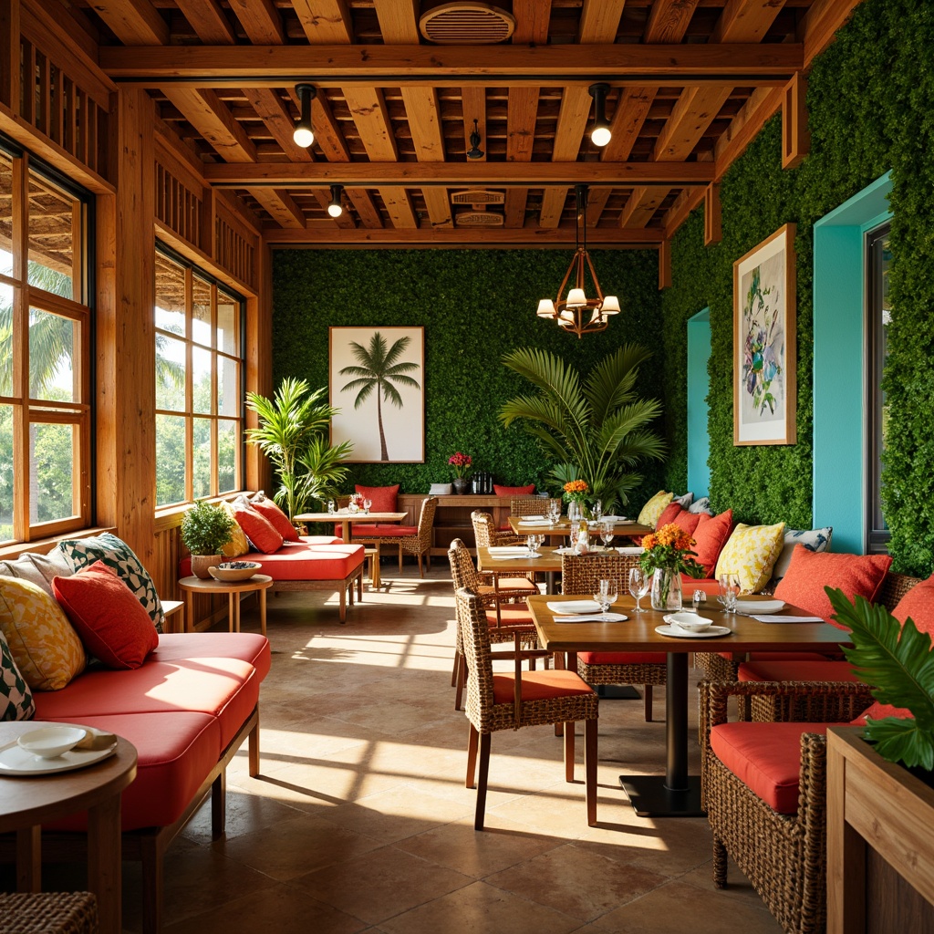 Prompt: Vibrant tropical dining hall, warm wooden accents, exotic leaf patterns, rattan furniture, natural fiber textiles, bright coral colors, sunny yellow hues, turquoise ocean tones, lush greenery walls, palm tree silhouettes, rustic driftwood decor, warm golden lighting, soft misty atmosphere, shallow depth of field, 1/2 composition, realistic textures, ambient occlusion.