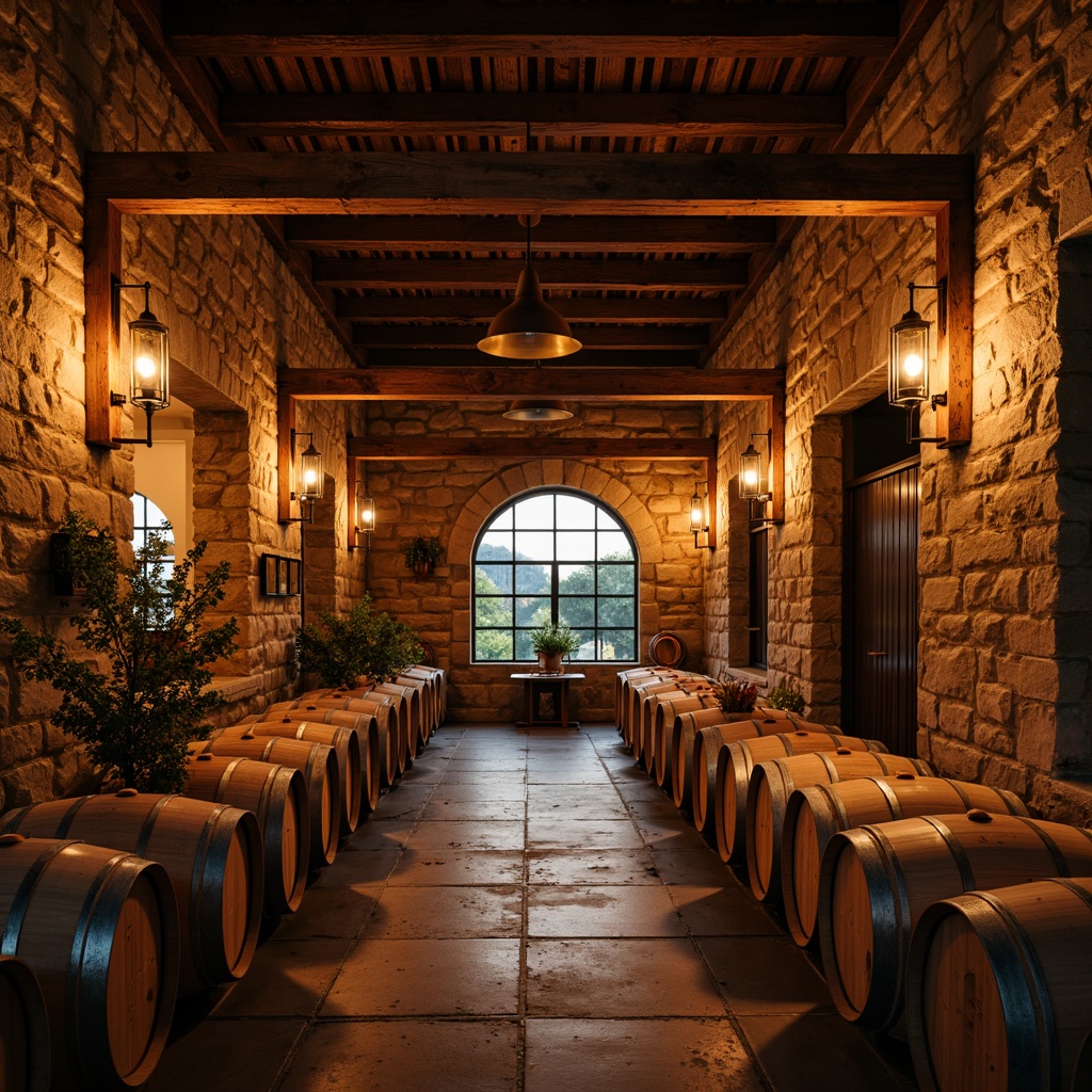 Prompt: Rustic winery, wooden barrels, vineyard surroundings, natural stone walls, earthy tones, warm ambient lighting, pendant lamps, industrial metal fixtures, exposed beams, reclaimed wood accents, cozy nooks, intimate gathering spaces, soft warm glow, golden hour illumination, dramatic shadows, rustic-chic decor, wine cellar ambiance, aged brick arches, dimmable LED lights, warm color temperature, layered lighting design, 3/4 composition, atmospheric rendering.