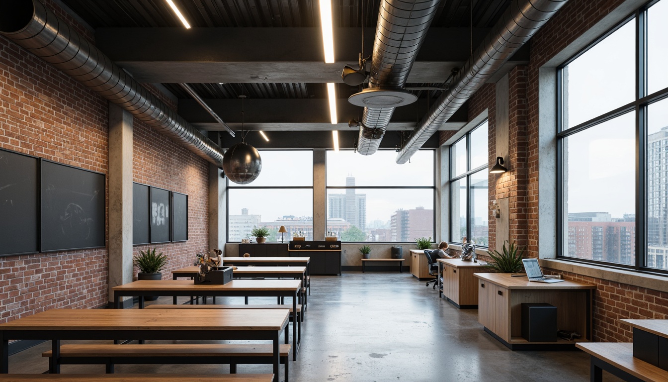 Prompt: Exposed ductwork, polished concrete floors, industrial-style lighting fixtures, reclaimed wood accents, metal beams, minimalist classrooms, modern blackboards, sleek laboratory equipment, distressed brick walls, urban landscape views, overcast skies, soft diffused natural light, shallow depth of field, 3/4 composition, realistic textures, ambient occlusion.