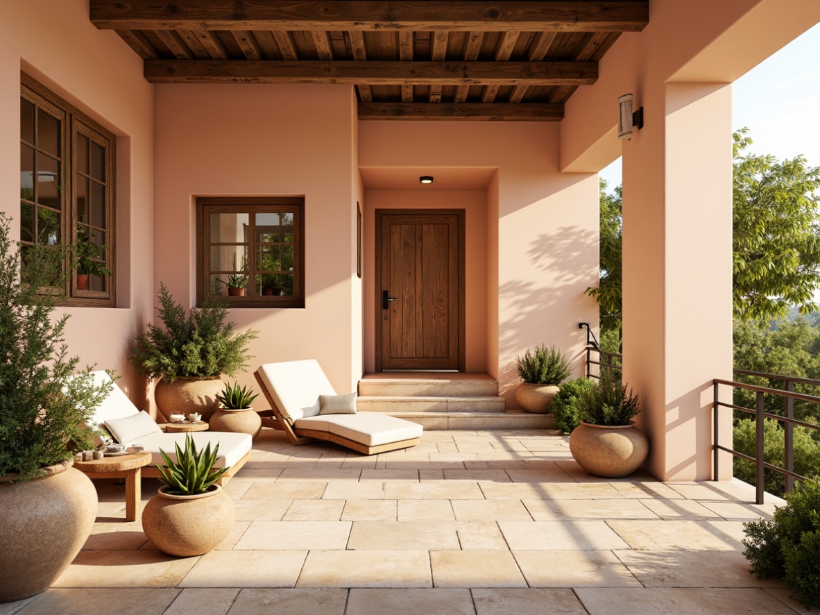 Prompt: Soft peach walls, creamy white accents, warm beige stone floors, rustic wooden beams, natural linen fabrics, earthy terracotta pots, lush greenery, vibrant floral arrangements, soft golden lighting, shallow depth of field, 3/4 composition, panoramic view, realistic textures, ambient occlusion.