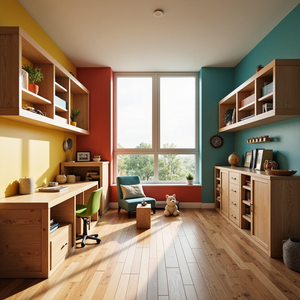 Prompt: Vibrant kids' room, wooden flooring, playful color scheme, modular furniture, geometric shapes, minimalist decor, functional storage units, ergonomic desk, colorful chairs, adjustable shelves, kid-friendly materials, natural textiles, modern Bauhaus style, clean lines, rectangular forms, monochromatic palette, abundant natural light, soft warm glow, shallow depth of field, 1/1 composition, realistic textures, ambient occlusion.