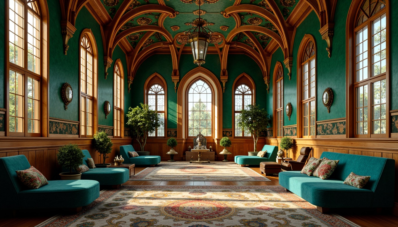 Prompt: Luxurious Art Nouveau interior, rich jewel tones, emerald green walls, sapphire blue accents, amber gold leafing, ornate wooden paneling, flowing organic lines, sinuous curves, stained glass windows, intricate metalwork, velvety soft furnishings, plush fabrics, ornamental textiles, delicate florals, whimsical patterns, warm golden lighting, dramatic shadows, 1/1 composition, shallow depth of field, realistic textures.