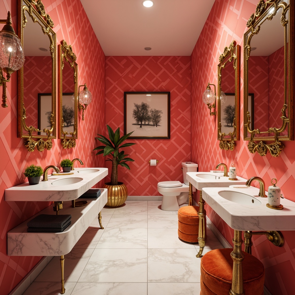 Prompt: Vibrant powder room, bold geometric patterns, bright coral walls, luxurious marble countertops, metallic gold accents, soft velvety textures, modern minimalist furniture, ornate mirrors, elegant crystal chandeliers, warm task lighting, 1/2 composition, shallow depth of field, realistic reflections, ambient occlusion.