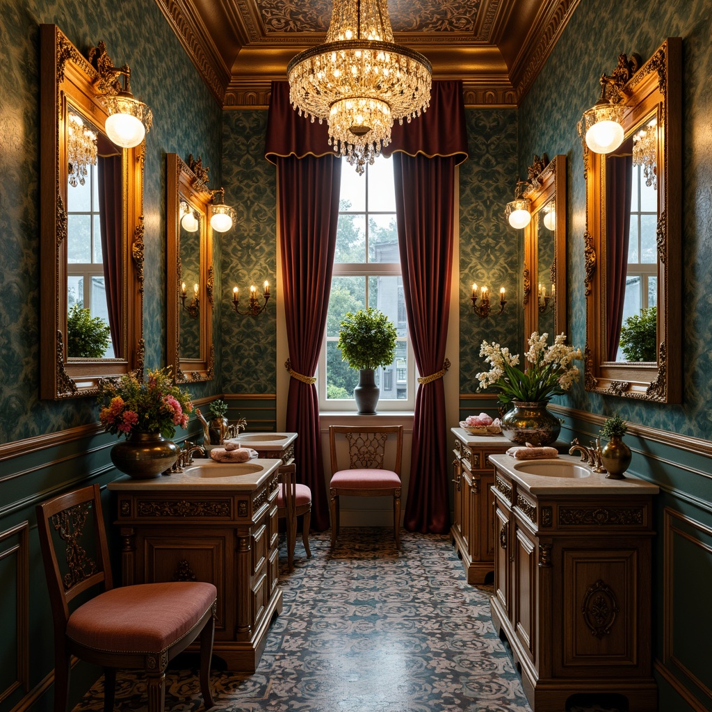 Prompt: Whimsical powder room, eclectic style, ornate mirrors, antique furniture, lavish textiles, rich jewel-toned walls, metallic accents, intricate patterns, bold color schemes, statement lighting fixtures, crystal chandeliers, velvet drapes, luxurious marble countertops, ornamental vases, exotic flowers, soft warm glow, shallow depth of field, 1/1 composition, intimate atmosphere, realistic reflections, subtle ambient occlusion.