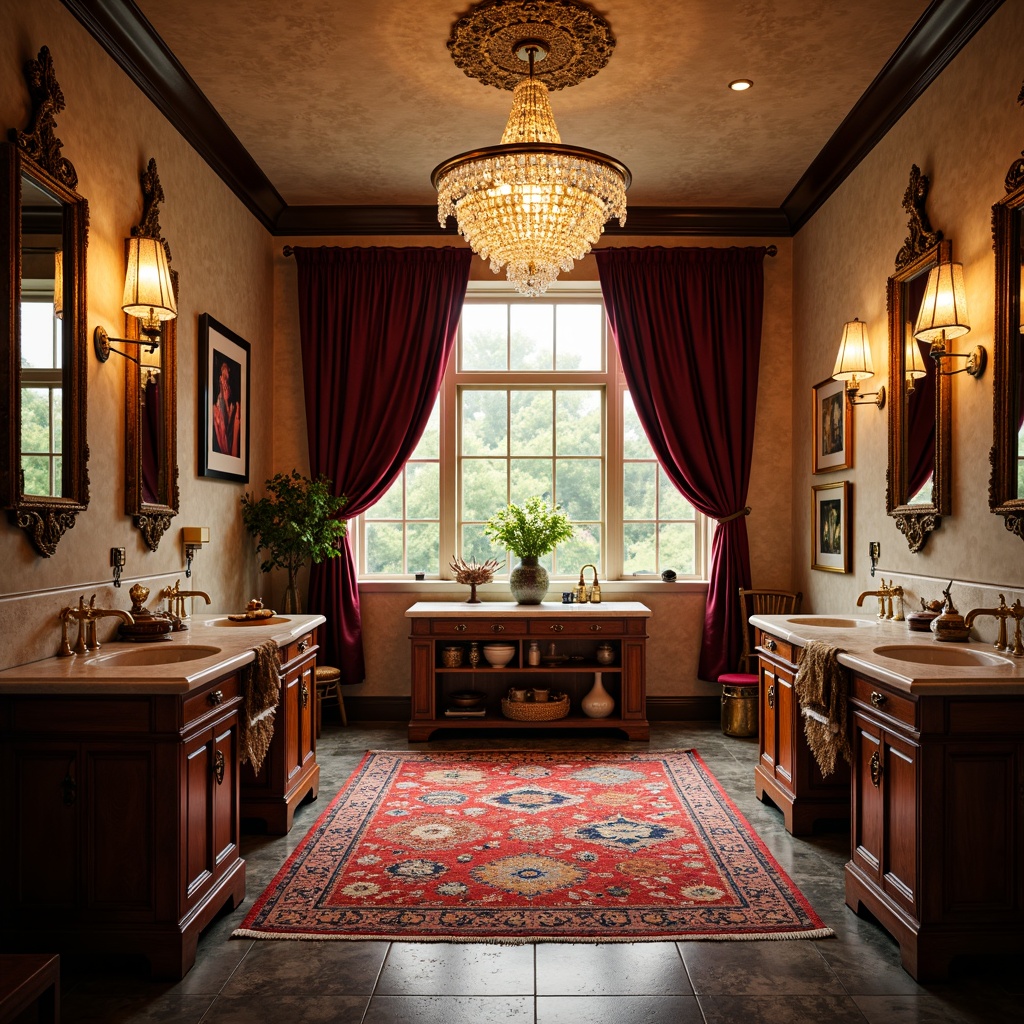 Prompt: Whimsical powder room, ornate gold fixtures, lavish crystal chandeliers, plush velvet drapes, richly patterned rugs, antique wooden vanities, ornamental mirrors, eclectic artwork, bold colorful accents, luxurious marble countertops, soft warm lighting, shallow depth of field, 1/1 composition, realistic textures, ambient occlusion.