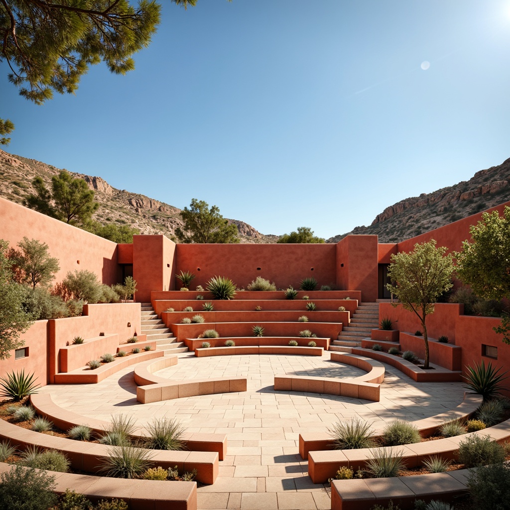 Prompt: \Earthy amphitheater, southwestern landscape, warm terracotta walls, sandy beige floors, turquoise accents, vibrant coral hues, natural stone seating, rustic wooden benches, desert flora, cacti plants, clear blue sky, sunny day, soft warm lighting, shallow depth of field, 3/4 composition, panoramic view, realistic textures, ambient occlusion.\