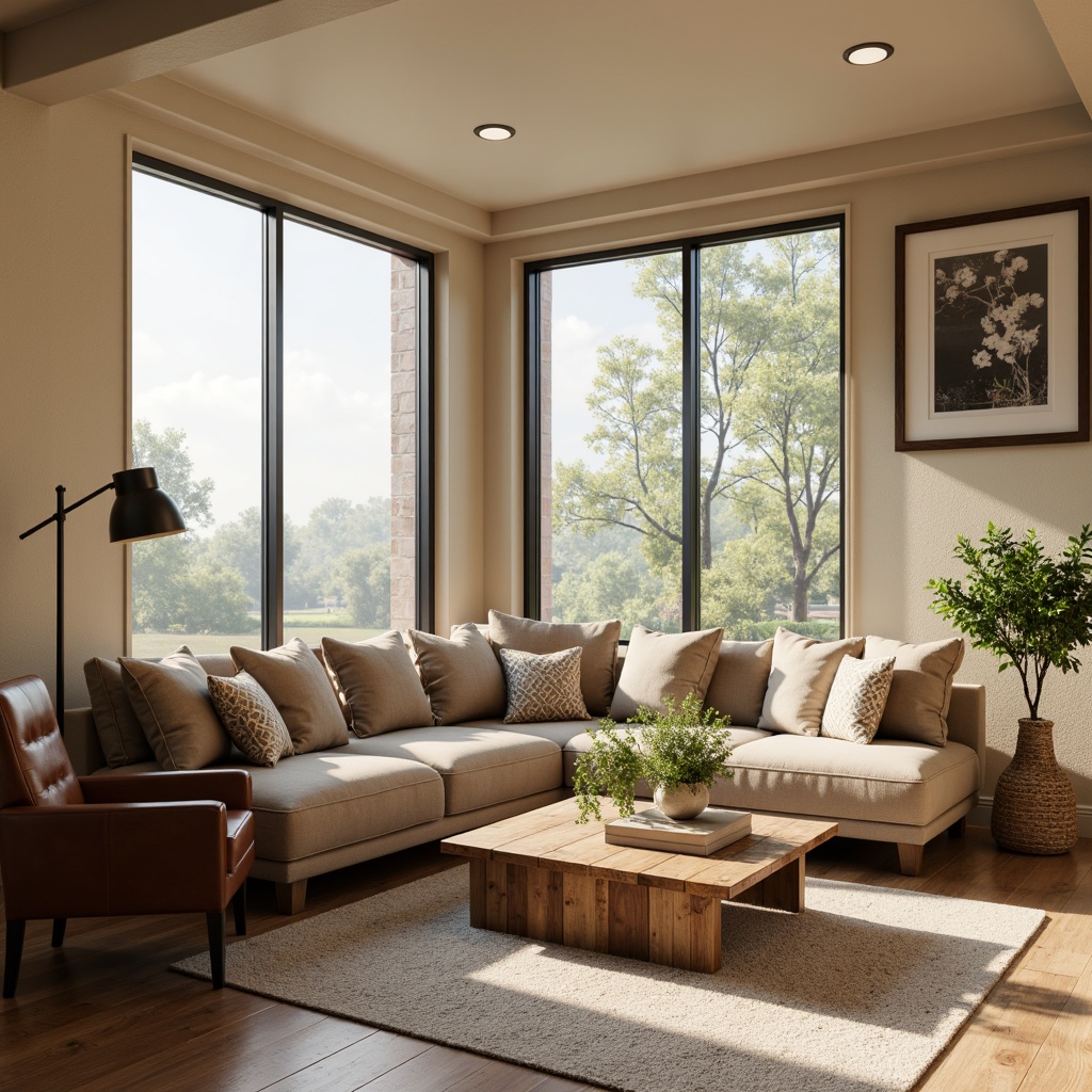 Prompt: Cozy living room, plush sectional sofa, soft velvety upholstery, wooden coffee table, minimalist legs, warm beige walls, large windows, natural light, comfortable reading nook, floor lamp, soft shade, relaxing ambiance, calm atmosphere, elegant decoration, modern design, sleek lines, premium leather armchair, patterned throw pillows, rustic wooden side table, fresh green plants, subtle texture, gentle color palette, harmonious balance, inviting space.