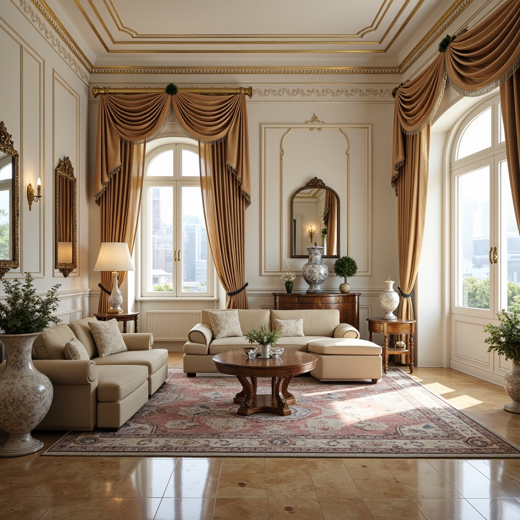 Prompt: Luxurious apartment interior, ornate gold molding, creamy white walls, velvet drapes, intricately carved furniture, soft pastel hues, delicate porcelain vases, ornamental mirrors, crystal chandeliers, richly patterned rugs, lavish textiles, curved lines, shell-shaped accents, French doors, arched windows, natural light pouring in, warm beige marble floors, subtle Rococo patterns, elegant candelabras, refined antique pieces, opulent fabrics, 3/4 composition, shallow depth of field, soft focus effect.