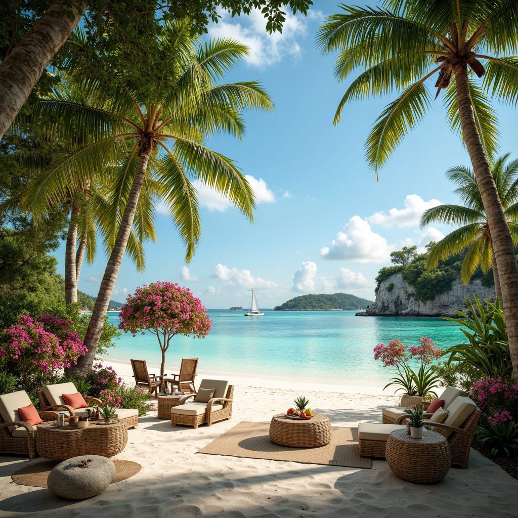 Prompt: Vibrant tropical island, lush green palm trees, exotic floral arrangements, warm sandy beaches, crystal-clear turquoise waters, colorful coral reefs, rustic wooden accents, natural textiles, woven rattan furniture, bright sunny day, soft warm lighting, 3/4 composition, panoramic view, realistic textures, ambient occlusion, pastel color palette, soothing minty hues, rich emerald greens, vivid coral pinks, creamy ivory whites.