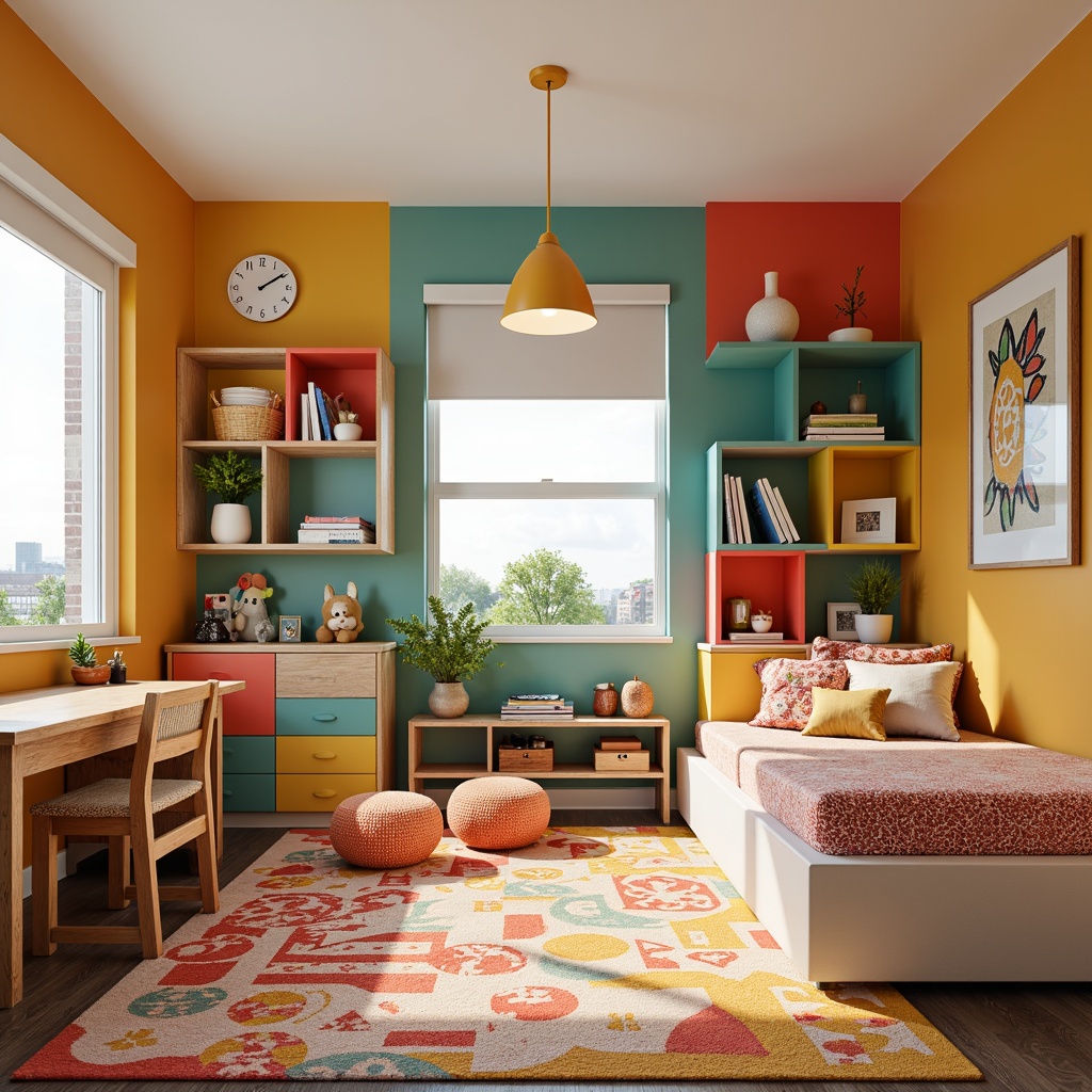 Prompt: Vibrant kids' room, bold color palette, geometric shapes, minimalist decor, modern Bauhaus style furniture, sleek wooden chairs, colorful storage bins, playful rug patterns, creative lighting fixtures, abstract wall art, whimsical decorative accents, sturdy oak wood tables, ergonomic kid-sized desks, fun textile upholstery, cozy reading nook, natural daylight, soft warm glow, shallow depth of field, 3/4 composition, panoramic view, realistic textures, ambient occlusion.