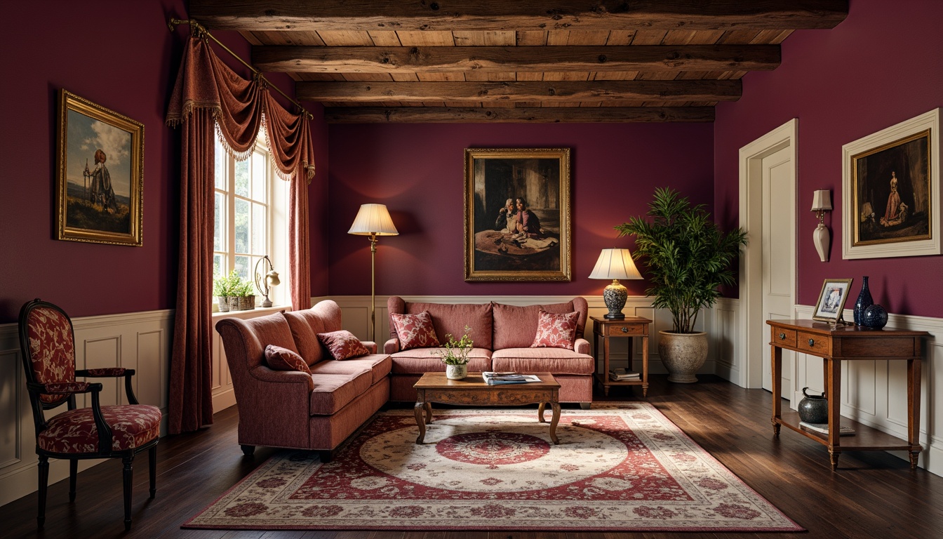 Prompt: Rich mauve walls, ornate gold frames, luxurious velvet fabrics, distressed wooden furniture, antique bronze hardware, soft warm lighting, cozy atmosphere, traditional architectural details, intricate patterns, plush area rugs, elegant drapery, rustic wooden beams, vintage accessories, warm beige tones, classic interior design, sophisticated ambiance, shallow depth of field, 1/1 composition, realistic textures.