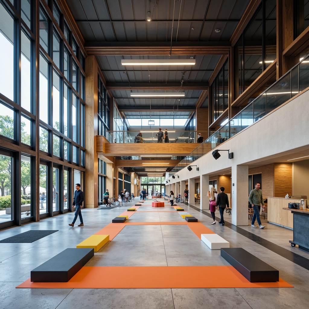 Prompt: Modernist community center, clean lines, rectangular forms, functional simplicity, industrial materials, steel beams, concrete floors, large windows, open floor plans, flexible spaces, minimalist decor, bold color accents, geometric patterns, rational spatial organization, efficient circulation paths, ample natural light, diffuse overhead lighting, 1/1 composition, symmetrical framing, high contrast textures, subtle ambient occlusion.