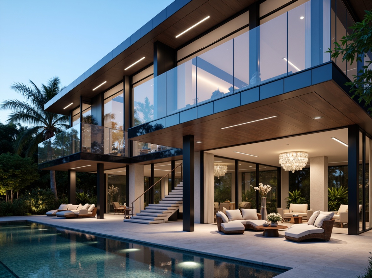 Prompt: Luxurious modern villa, sleek glass accents, minimalist decor, polished steel frames, transparent staircases, floor-to-ceiling windows, crystal chandeliers, marble floors, lavish furnishings, ambient soft lighting, shallow depth of field, 3/4 composition, panoramic view, realistic reflections, subtle color grading.