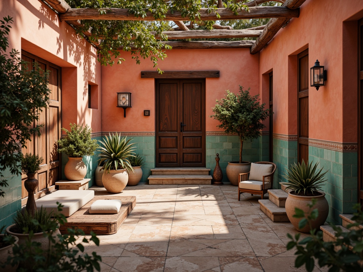 Prompt: Warm terracotta walls, soft cream accents, rich turquoise hues, weathered wood tones, natural stone flooring, ornate ceramic tiles, vintage Moroccan patterns, distressed metal fixtures, lush greenery, potted olive trees, rustic wooden beams, earthy scent, warm afternoon lighting, shallow depth of field, 2/3 composition, cinematic view, realistic textures, ambient occlusion.