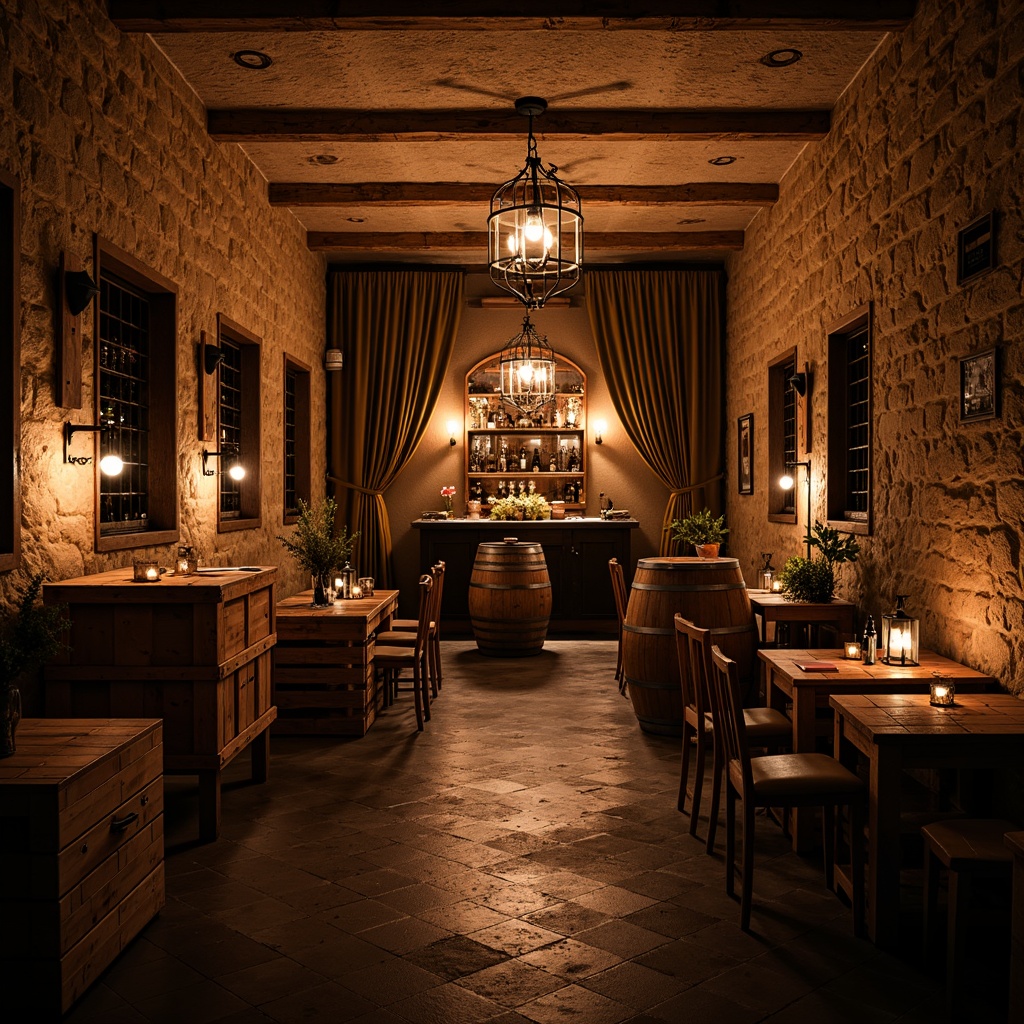 Prompt: Dimly lit wine cellar, eclectic style decor, rustic stone walls, wooden crates, vintage wine barrels, ambient warm lighting, soft glowing lanterns, metal chandeliers, Edison bulb fixtures, industrial-chic accents, rich wood tones, earthy color palette, cozy intimate atmosphere, dramatic shadows, low-key backlighting, subtle color temperature shifts, dynamic layered lighting, abstract reflections, warm golden hues, luxurious velvet drapes, ornate metalwork details.