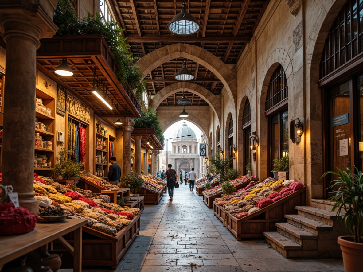 Prompt: Richly ornamented market stalls, vibrant colored fabrics, intricate wooden carvings, distressed stone walls, rustic metal lanterns, warm soft lighting, shallow depth of field, 1/2 composition, atmospheric perspective, realistic textures, ambient occlusion, traditional Middle Eastern architecture, arches and domes, Islamic geometric patterns, ornate tile work, woven baskets, exotic spices, fragrant aromas.