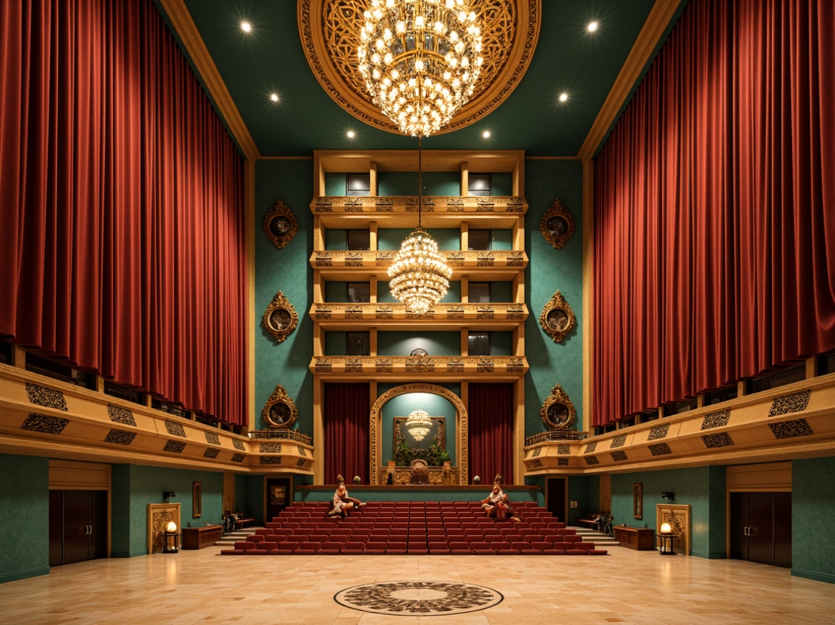 Prompt: Luxurious auditorium, rich velvet curtains, ornate golden balconies, intricately patterned Art Deco walls, lavish chandeliers, warm beige marble floors, bold geometric shapes, vibrant turquoise accents, metallic bronze details, dramatic spotlights, soft warm lighting, 1/1 composition, cinematic perspective, realistic reflections, ambient occlusion.