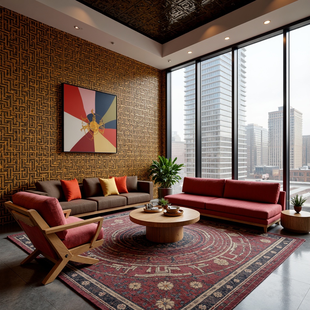 Prompt: Vibrant living room, bold geometric patterns, Moroccan-inspired tiles, intricate wooden furniture, plush velvet upholstery, warm golden lighting, cozy reading nook, floor-to-ceiling windows, urban cityscape views, modern minimalist decor, abstract artwork, sleek metallic accents, rich textiles, 3D patterned rugs, eclectic global influences, natural stone flooring, soft focus photography, shallow depth of field, 2/3 composition.