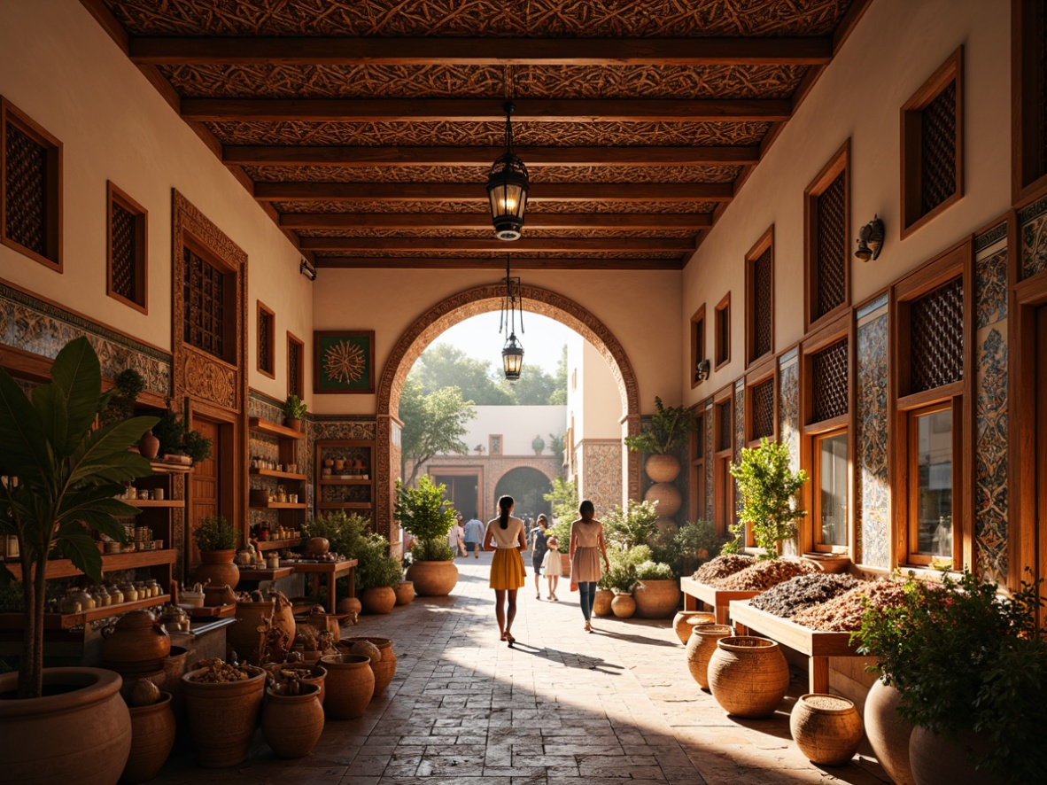 Prompt: Vibrant marketplace, traditional Moroccan architecture, ornate tile work, intricately carved wooden accents, colorful textiles, woven baskets, exotic spices, lantern-style lighting, warm golden hues, natural stone flooring, rustic wooden beams, latticework windows, Arabic-inspired arches, cozy atmospheric lighting, shallow depth of field, 1/1 composition, realistic textures, ambient occlusion.