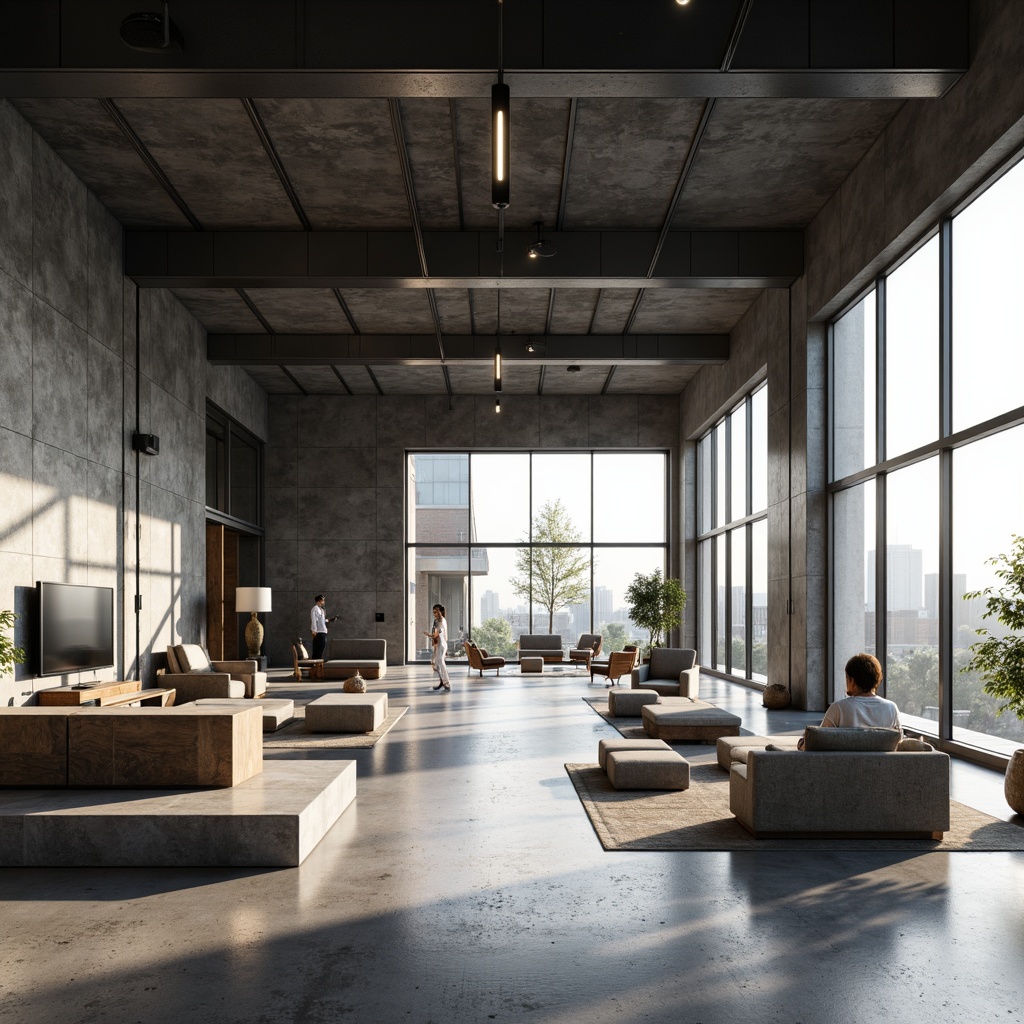 Prompt: Monochromatic color scheme, industrial materials, functional furniture, clean lines, rectangular forms, minimal ornamentation, open floor plan, natural light pouring, large windows, sliding glass doors, polished concrete floors, steel beams, exposed ductwork, geometric patterns, sparse decor, industrial chic, modernist aesthetic, emphasis on function, simplicity and clarity, high ceiling, urban loft atmosphere, soft warm lighting, shallow depth of field, 3/4 composition, panoramic view, realistic textures, ambient occlusion.