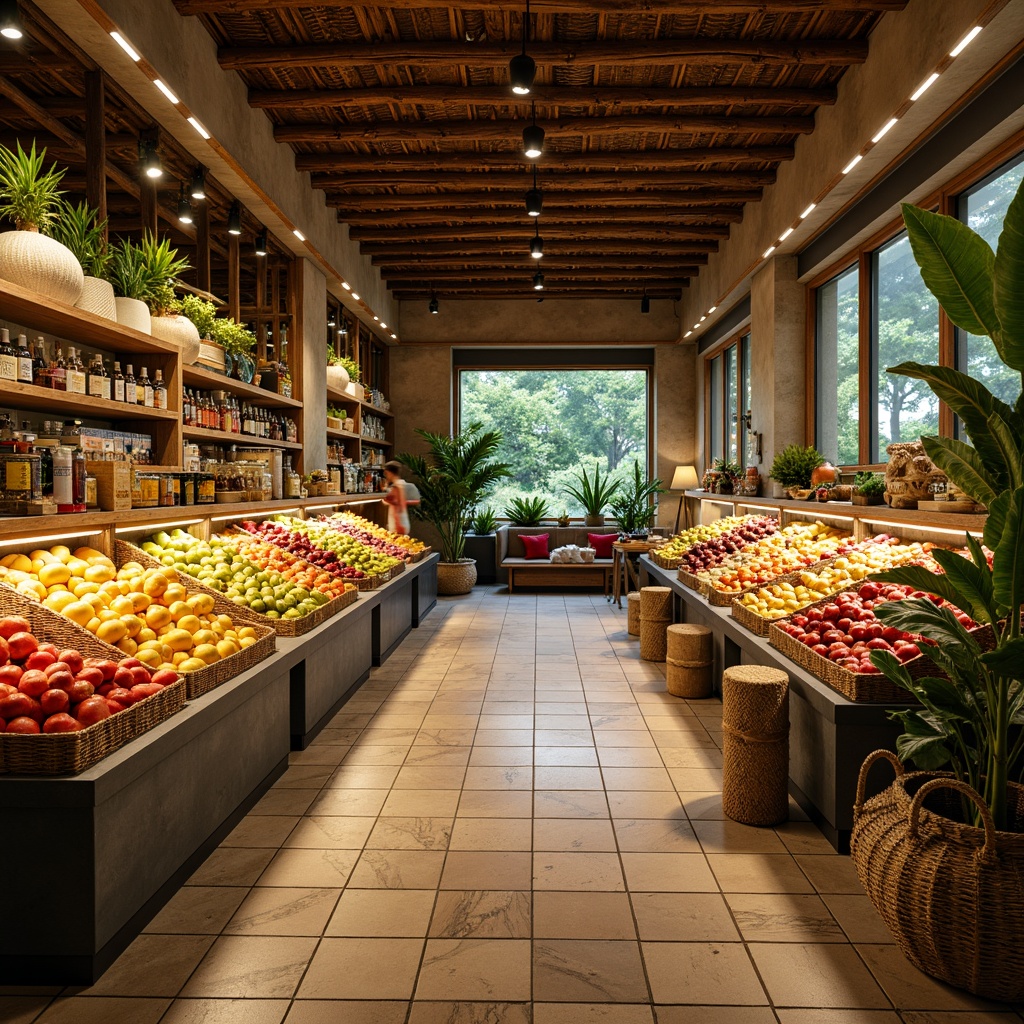 Prompt: Vibrant tropical grocery store, exotic fruit stands, colorful ceramic tiles, polished concrete floors, natural stone textures, wooden accents, woven bamboo shelves, earthy tone color scheme, ambient warm lighting, shallow depth of field, 1/1 composition, realistic reflections, detailed normal maps.