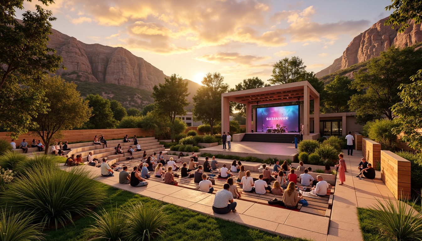 Prompt: Vibrant outdoor amphitheater, lush green grass, warm beige stone seating, rustic wooden accents, bold primary colors, dynamic stage lighting, sunset-inspired hues, golden hour ambiance, soft misting system, natural earthy tones, eclectic bohemian textiles, abstract geometric patterns, 3/4 composition, panoramic view, realistic textures, ambient occlusion.